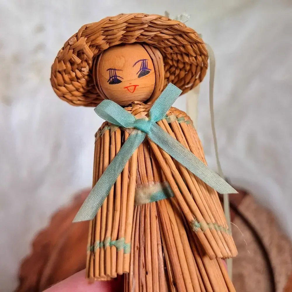 Straw Doll Figurine Woman in Dress Hat Shawl Hand Painted Folk Art Decor